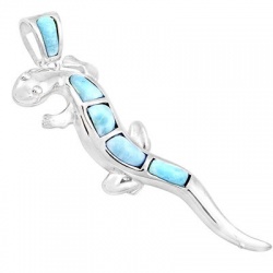 Engrossing Lizard Sterling Silver Pendant Bedecked With Larimar