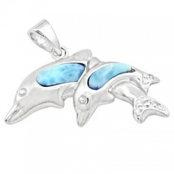 Intriguing Sterling Silver Dolphin Pair Pendant Decorated With Larimar